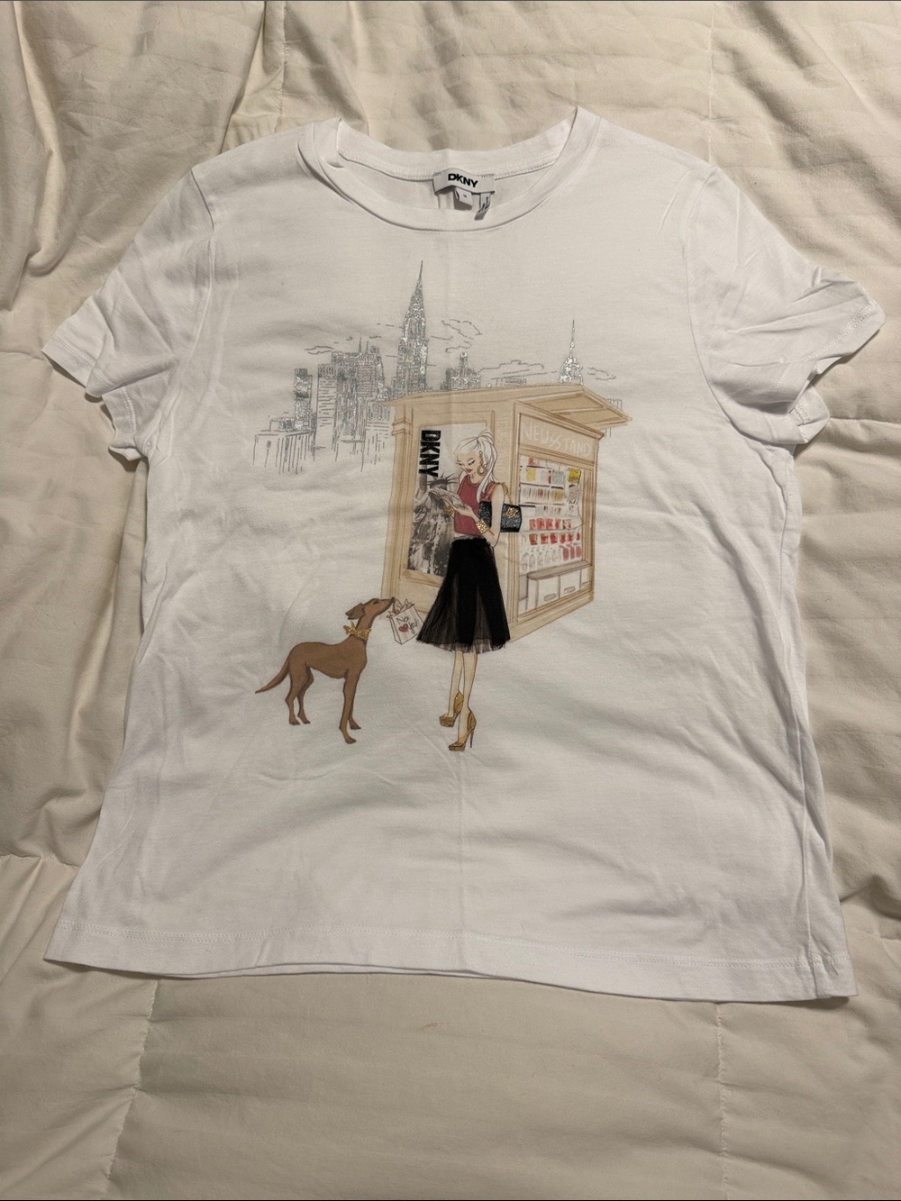 DKNY - White Tee with Newsstand Girl & Dog Illustration - Medium